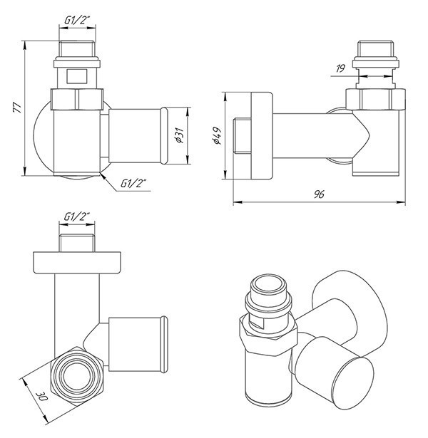 Крани під ТЕН LARIS для сушарки для рушників, G1/2" (комплект 2 шт.). Київ - фото 7