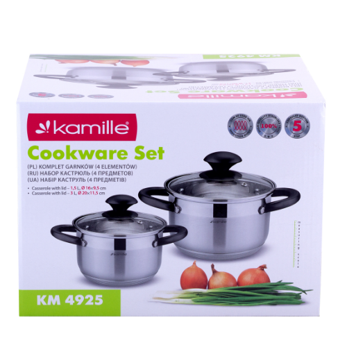 Набір каструль 4 предмети (каструлі 1,5/3л) нержавіюча сталь порожнисті чорні ручки 4925 KAMILLE Житомир - изображение 3
