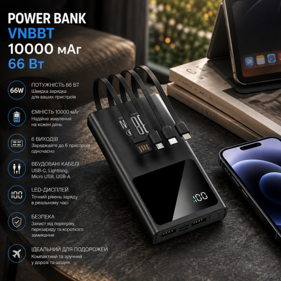 Витринный образец Power Bank VNBBT 10000 мАч 66 Вт, 6 выходов, встроенные кабели, USB-C, LED-дисплей Киев