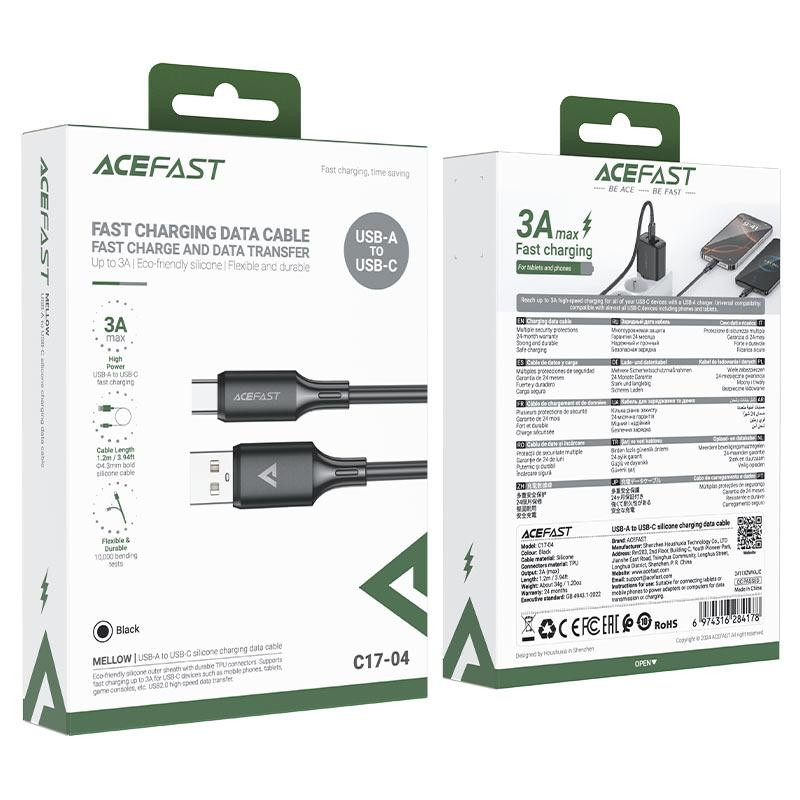 Кабель ACEFAST C17-04 USB-A to USB-C silicone charging data cable Black Одеса - фото 2