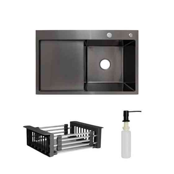 Комплект Lidz Handmade H7849BL Мойка для кухни интегрированная крыло слева BlackPVD в комплекте с дозатором + Киев