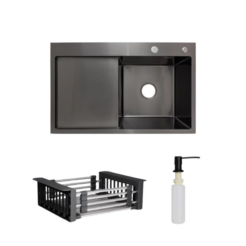 Комплект Lidz Handmade H7849BL Мойка для кухни интегрированная крыло слева BlackPVD в комплекте с дозатором + Киев - изображение 1