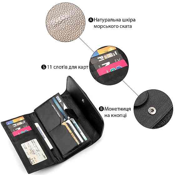 Кошелек женский STINGRAY LEATHER 18103 из натуральной кожи морского ската Черный Киев