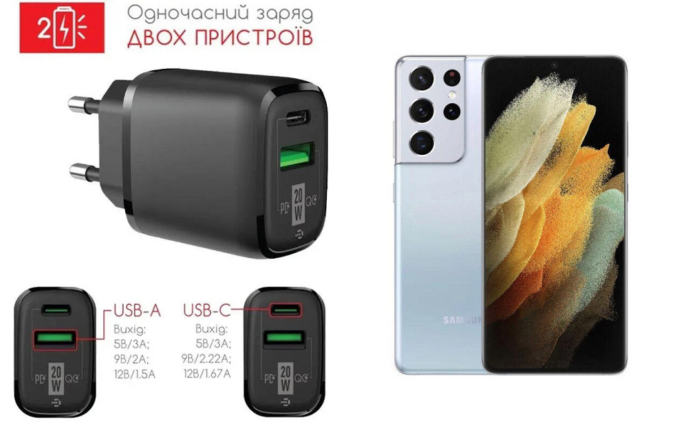 Сетевое зарядное устройство для Samsung Galaxy S21 Ultra, 20W 3A, Quick Charge 3.0 Киев - изображение 1