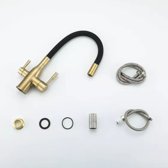 Змішувач для кухні під фільтр Frap F4396-3 з гнучким виливом, золото/чорний Київ