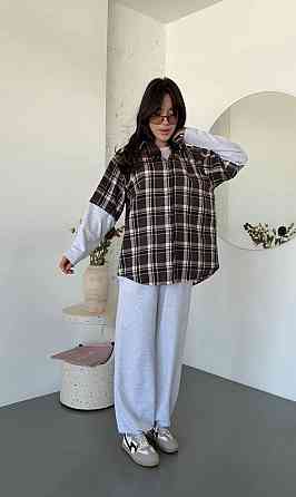 Женский повседневный костюм двойка: рубашка в клетку и штаны турецкая фланель + двунитка Шоколадный Одесса