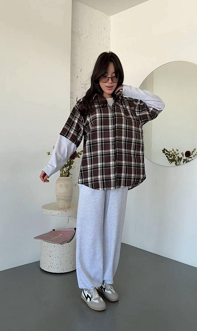 Женский повседневный костюм двойка: рубашка в клетку и штаны турецкая фланель + двунитка Шоколадный Одесса - изображение 2