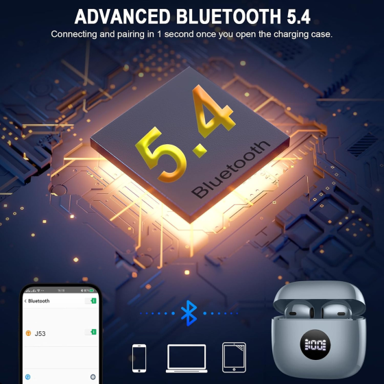 Беспроводные наушники Jxrev Bluetooth 5.4, Hi-Fi 13 мм, ENC, IP7, до 40 часов, сенсорное управление, LED-дисплей, темно-серые Киев