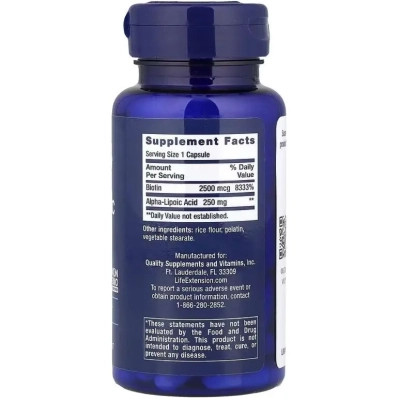 Вітамінно-мінеральний комплекс Life Extension Альфа-ліпоєва кислота з біотином, 250 мг, Alpha-Lipoic Acid with Bio (LEX-45706) Вінниця - фото 2