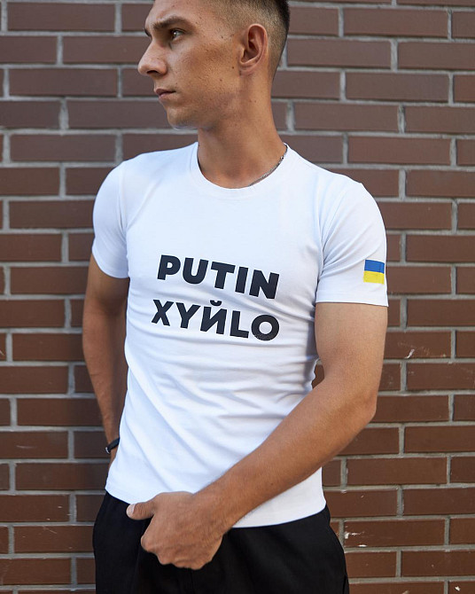 Мужская патриотическая футболка с принтом Путин антивоенная хлопковая белая Одесса - изображение 5