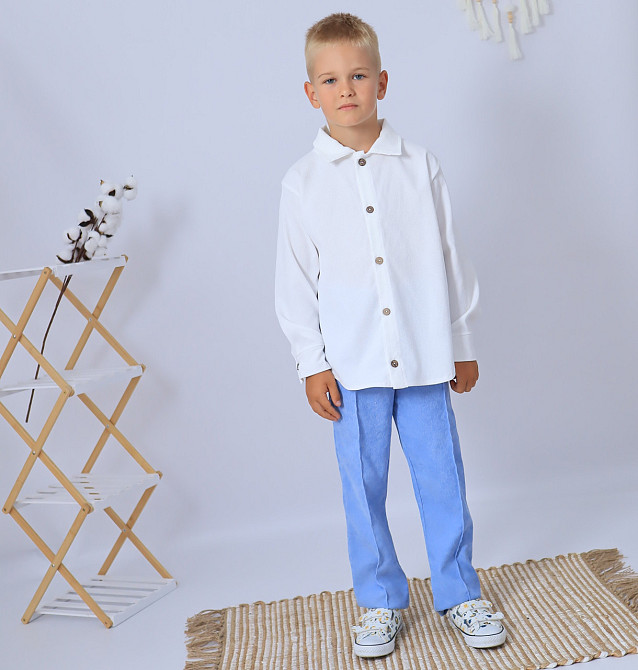 Праздничный вельветовый костюм для мальчика/ костюм в школу рубашка белая + штаны голубые 104 Каменец-Подольский - изображение 4