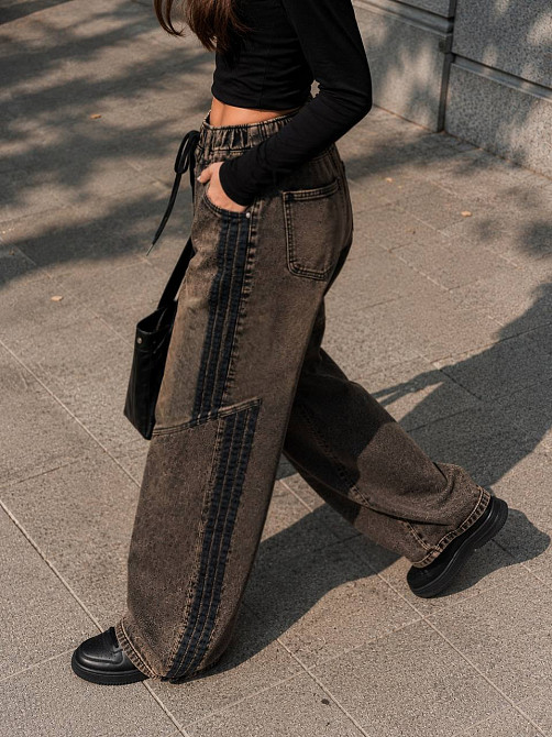 Джинси жіночі Liana A659 Baggy Mom широкі з лампасами на резинці великі розміри коричневі, коричневий, З6, 36, 96 см, 120 см Київ - фото 5