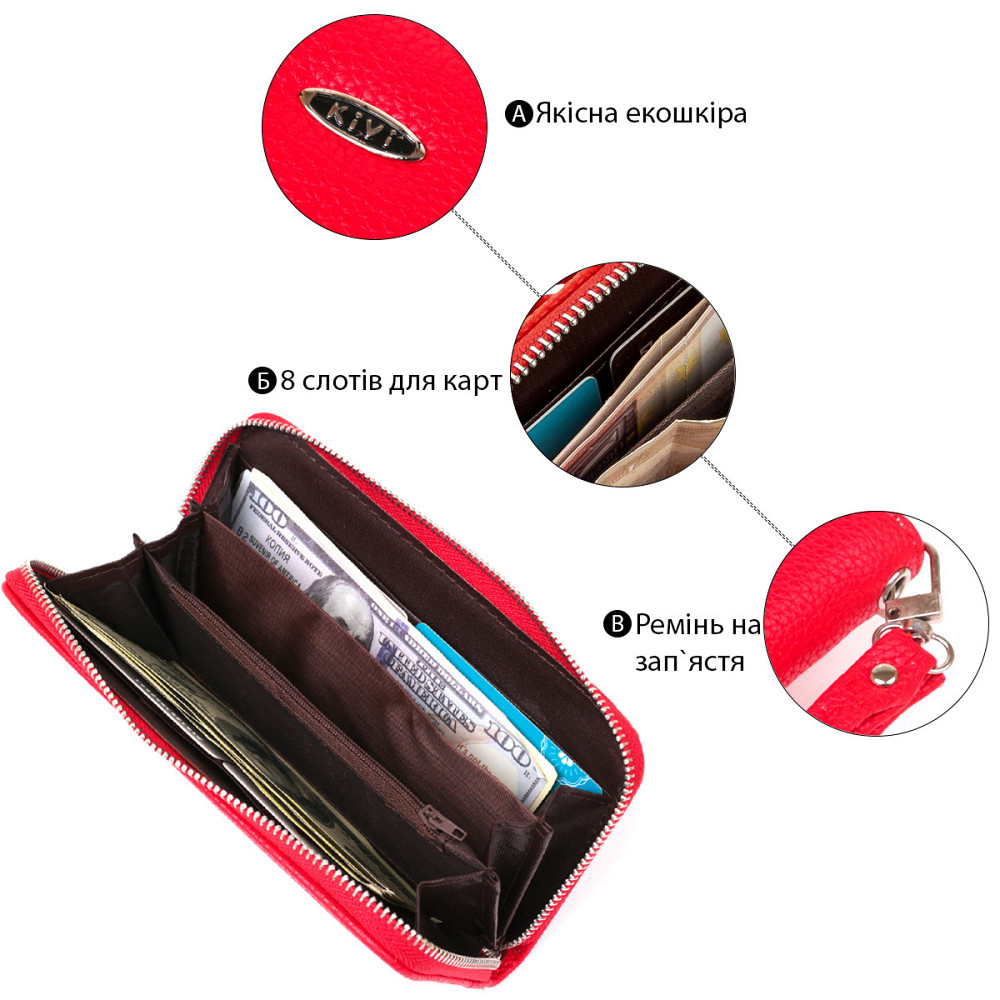 Гаманець жіночий на одну блискавку з екокожі флотар Яскраво-червоний (KIVI) Київ - фото 4