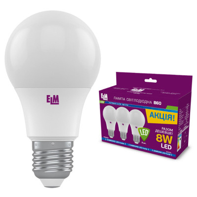 Лампочка ELM B60 8W PA10S E27 4000K 3шт. (18-0187) Винница - изображение 1