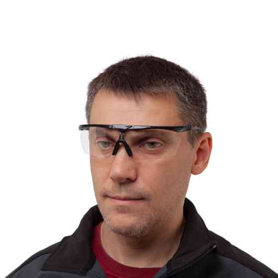 Окуляри захисні, прозорі, лінзи полікарбонат, заушники полікарбонат чорні, захист від удару, оптичний клас 3 INTERTOOL SP-0090 Київ