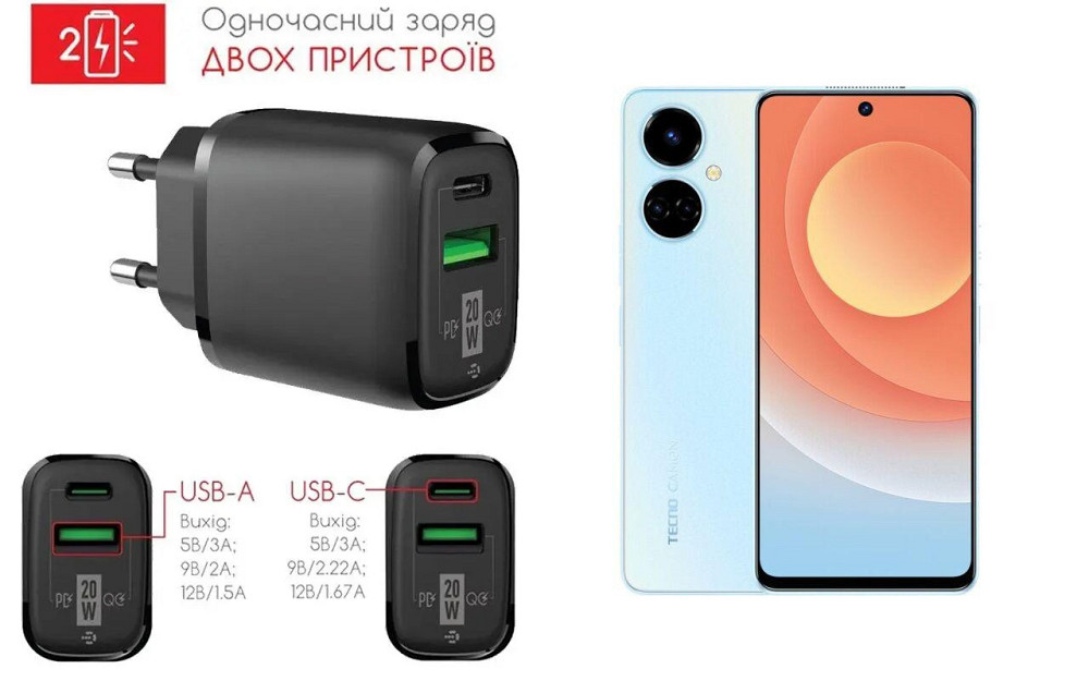 Сетевое зарядное устройство для Tecno Camon 19, Camon 19 Neo, 20W 3A, Quick Charge 3.0 Киев - изображение 1