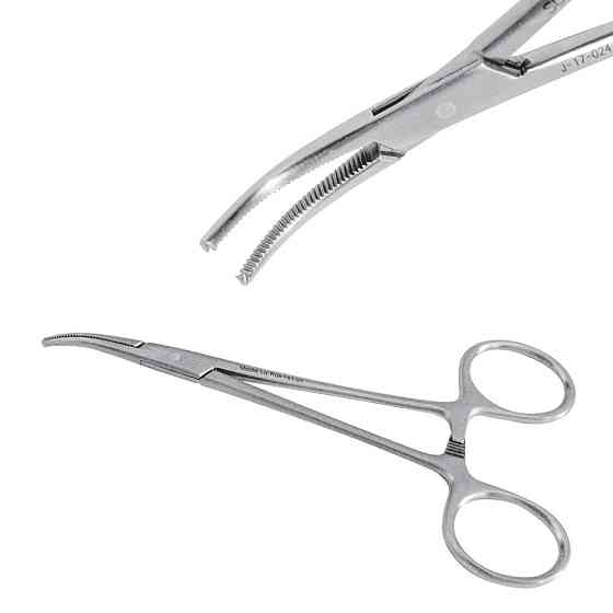 Зажим сосудистый Halsted-Mosquito, изогнутый, 12,5 см, зубчатый, J-17-024 Днепр