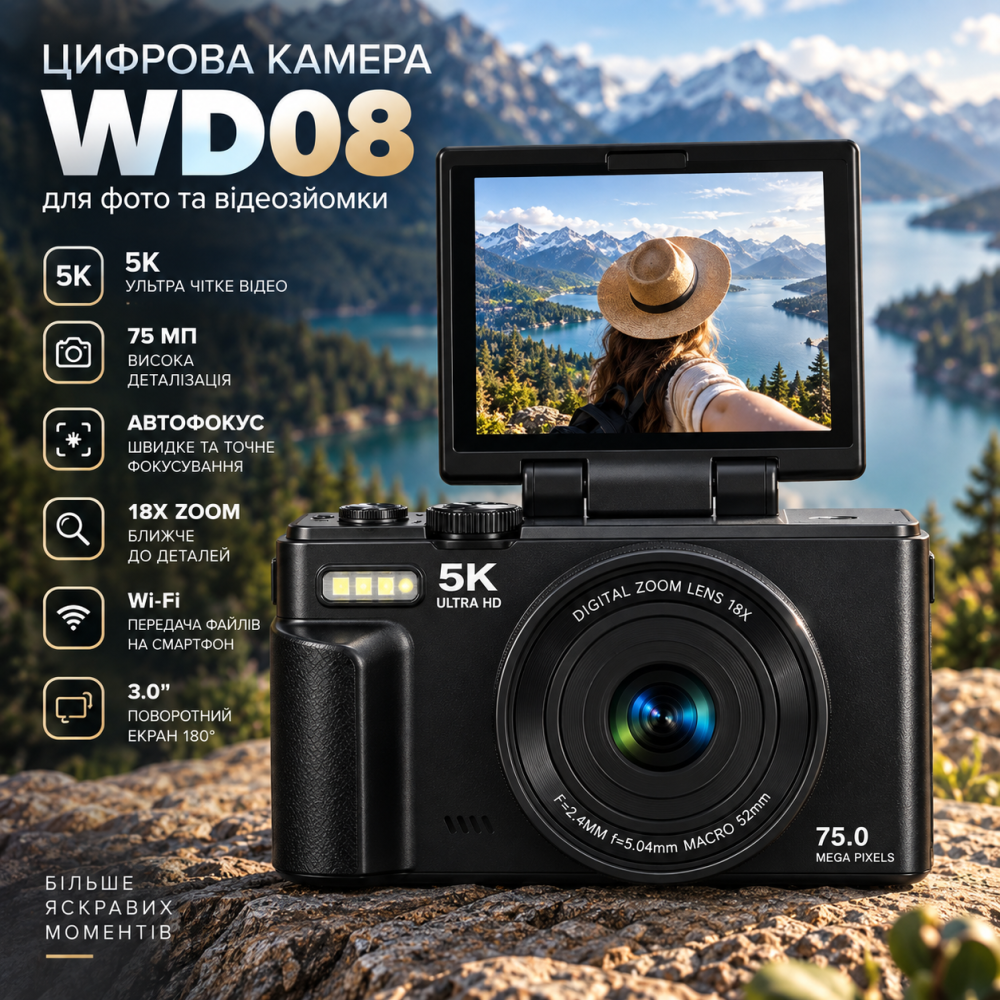 Цифрова камера WD08 5K 75 МП Wi-Fi, 3" поворотний екран 180°, автофокус, 18x Zoom, карта 64 ГБ, чорна Київ - фото 2