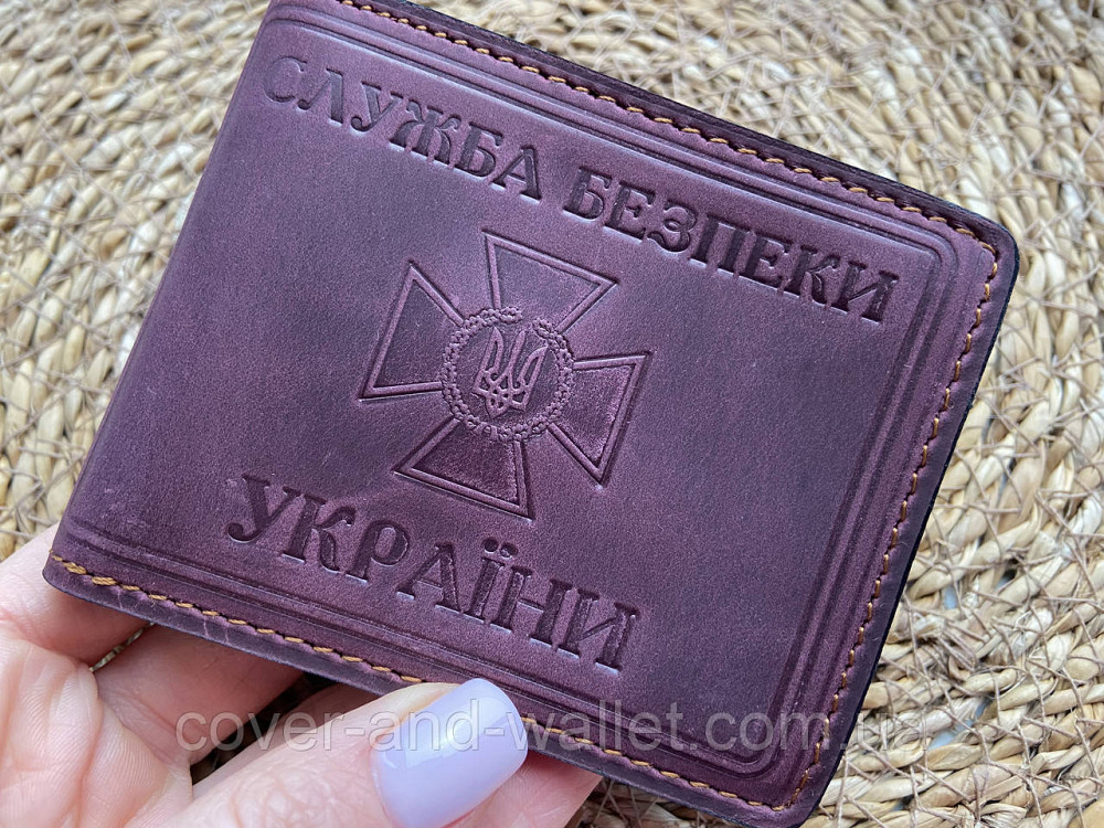 Шкіряна обкладинка на посвідчення СБУ із шевроном бордового кольору Київ - фото 2