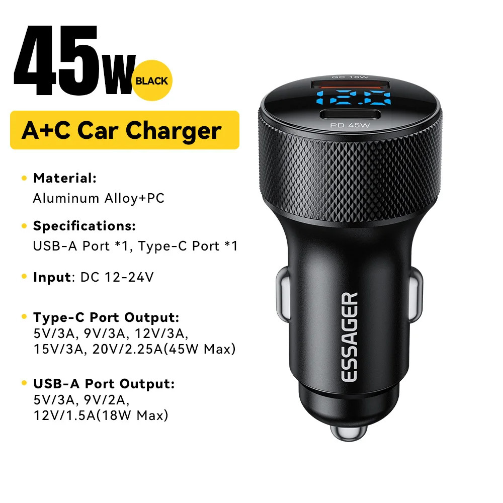Автомобільний зарядний пристрій Essager ES-CC21 45W A+C (USB-A + Type-C) — швидка зарядка смартфонів і планшетів Миколаїв - фото 6