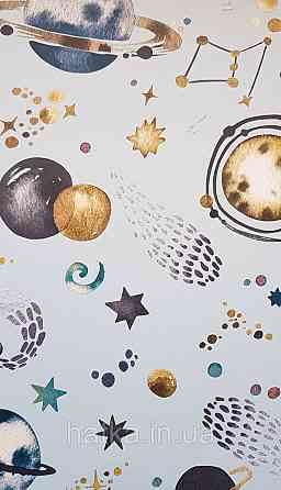 Шпалери флізелінові еко Rasch Kids World 0.53х10 дитячі планети сузір'я зірки метеорити на блакитному Київ