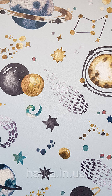 Шпалери флізелінові еко Rasch Kids World 0.53х10 дитячі планети сузір'я зірки метеорити на блакитному Київ - фото 2
