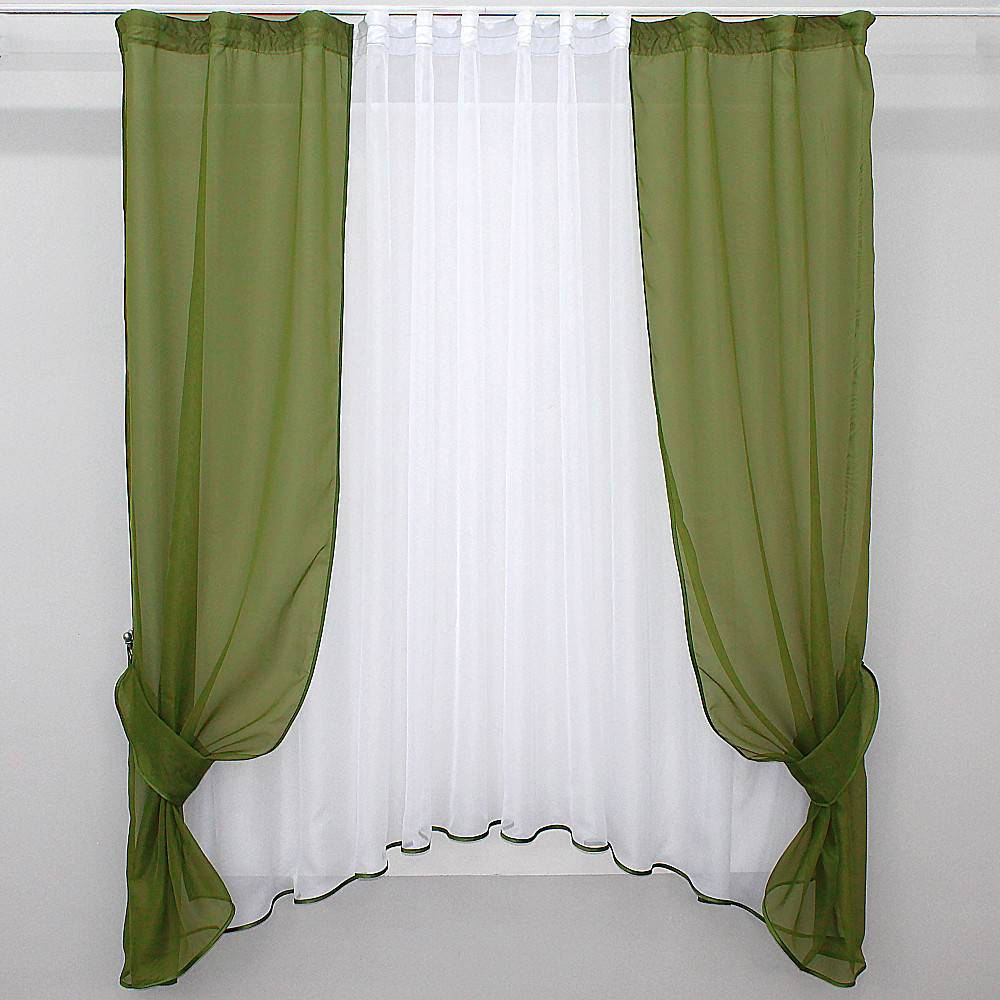 Кухонний комплект VR-Textil № 051к тюль і шторки з підв'язками оливковий з білим 270х170 см (50-243) Київ - фото 1