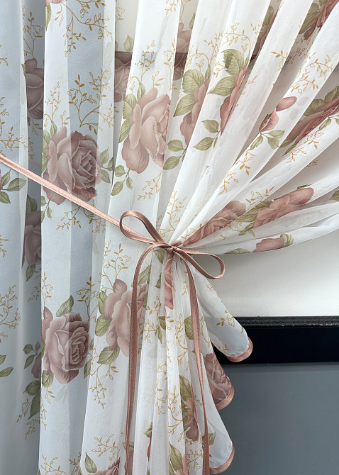 Кухонные шторки VR-Textil № 101к с подвязками Белый с пудровым 320х170 см (52-1212) Киев - изображение 4
