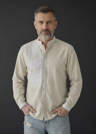 Лляна бежева вишиванка з білим орнаментом на ґудзиках Каскад 60 Київ