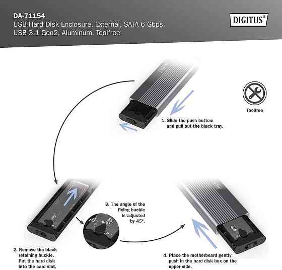 Корпус для M.2 SSD Digitus DA-71154 серый USB 3.1 Gen2 Type-C 6Gbps SATA B-Key 2230/2242/2260/2280 tool-free Киев