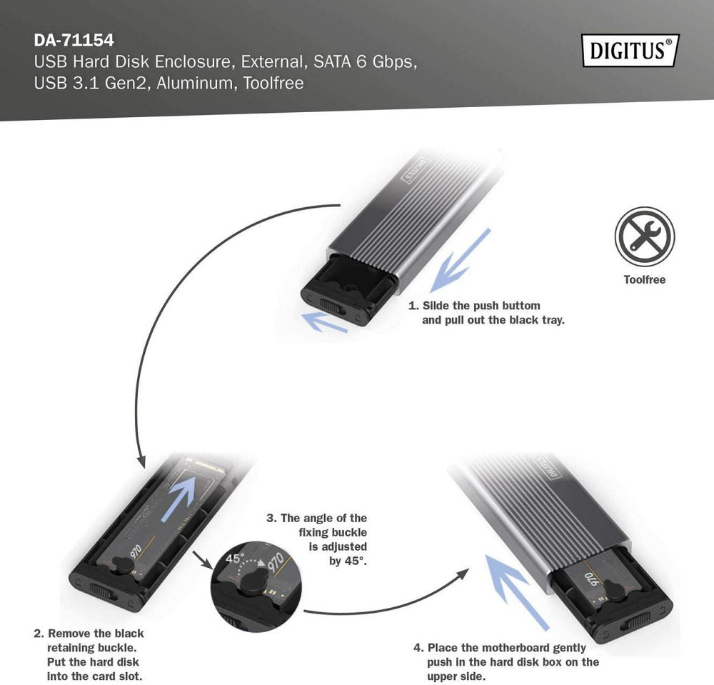Корпус для M.2 SSD Digitus DA-71154 серый USB 3.1 Gen2 Type-C 6Gbps SATA B-Key 2230/2242/2260/2280 tool-free Киев - изображение 2