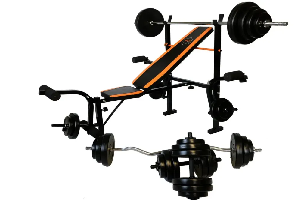 Лавка для жиму з тренажерами + 4 грифа + блінами 80 кг Гантелі, гирі, штанги та диски комплект Київ - фото 1