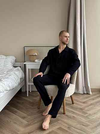 Чоловічий домашній костюм з муслінової тканини на ґудзиках Чорний XS/S Харків