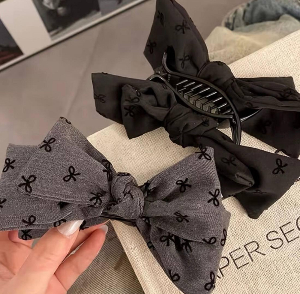 Заколка бант для волосся на крабі, тканинна шпилька бант чорна та сіра, набір 2 шт Київ - фото 3