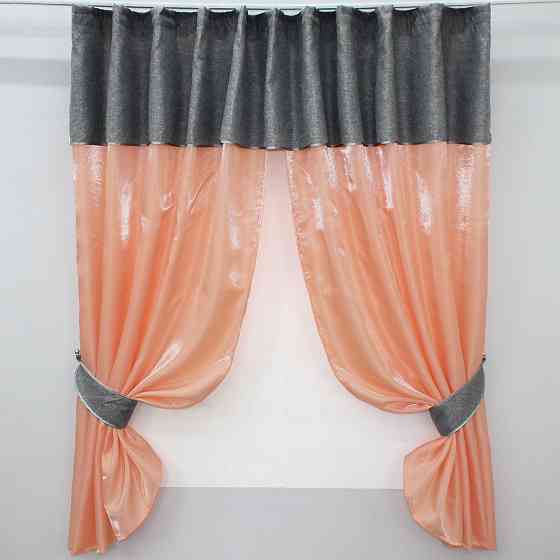 Кухонные шторы VR-Textil № 073к с ламбрекеном и подхватами персиковый с серым 270х170 см (52-0217) Киев