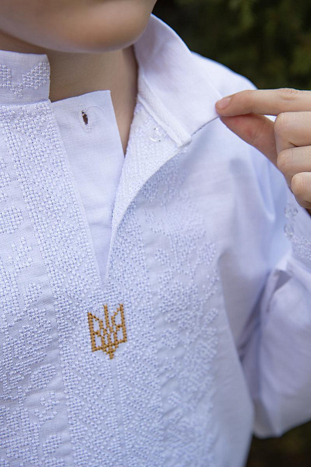 Вышиванка для мальчиков с длинным рукавом, льняная стрейч, белая топ Киев - изображение 2