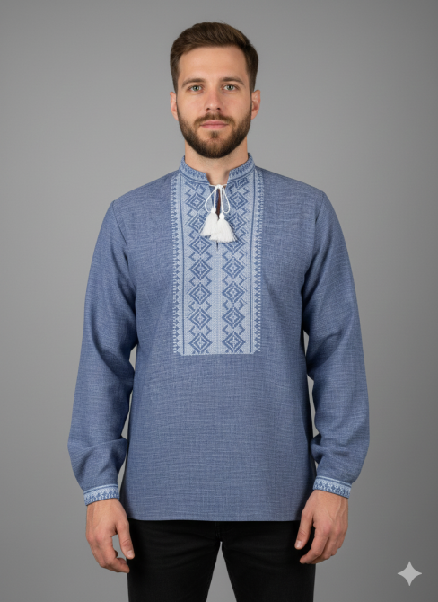 Классическая мужская рубашка с стойкой воротником в синем цвете. 56 Киев - изображение 1