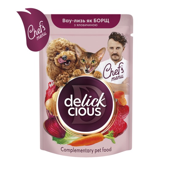 Додатковий консервований корм Delickcious Борщ для дорослих котів та собак з яловичиною, буряком та морквою у соусі, 85 г Вінниця