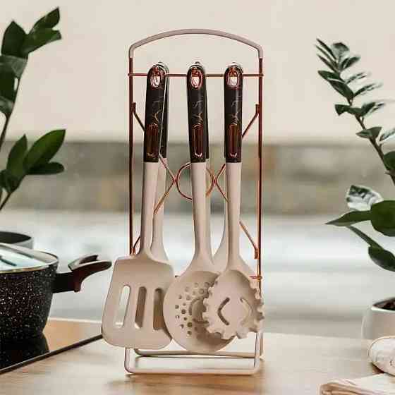 Набір кухонного приладдя на підставці 6 штук кухонні аксесуари Бежевий із чорною ручкою YRUR4 Коломия