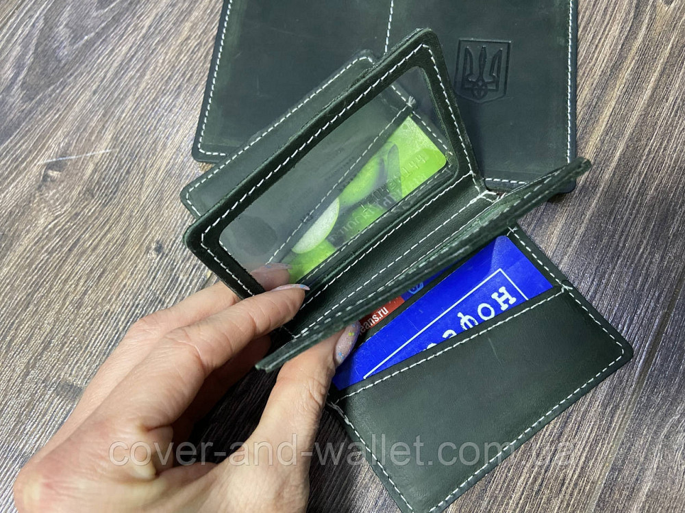 Кожаная обложка для id паспорта и прав с гербом Украины зеленого цвета Puos Киев - изображение 7