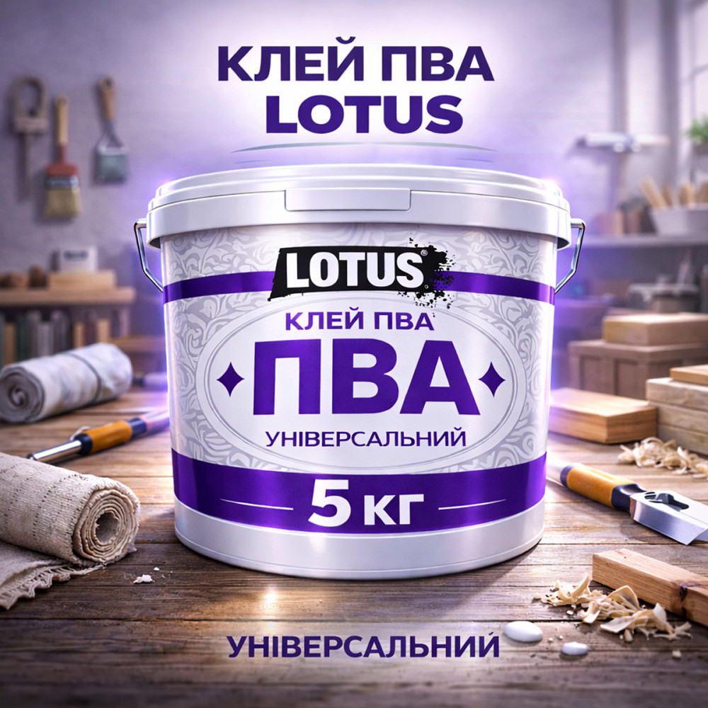 Клей ПВА універсальний LOTUS 5 кг — суперміцний будівельний клей для шпалер, дерева та цементних розчинів Харків - фото 1