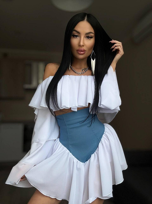 Женский романтичный костюм двойка: многослойная блуза и шорты-юбка креп шифон + джинс бенгалин 46/48 Одесса - изображение 3