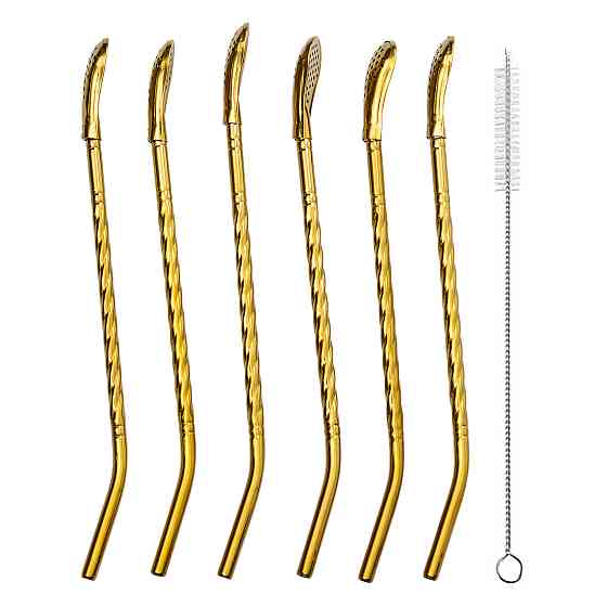 Yiwu Набір багаторазових ложок-трубочок 6 шт для напоїв 19,5 см з щіткою Золотистий HP-20-56 Коломия