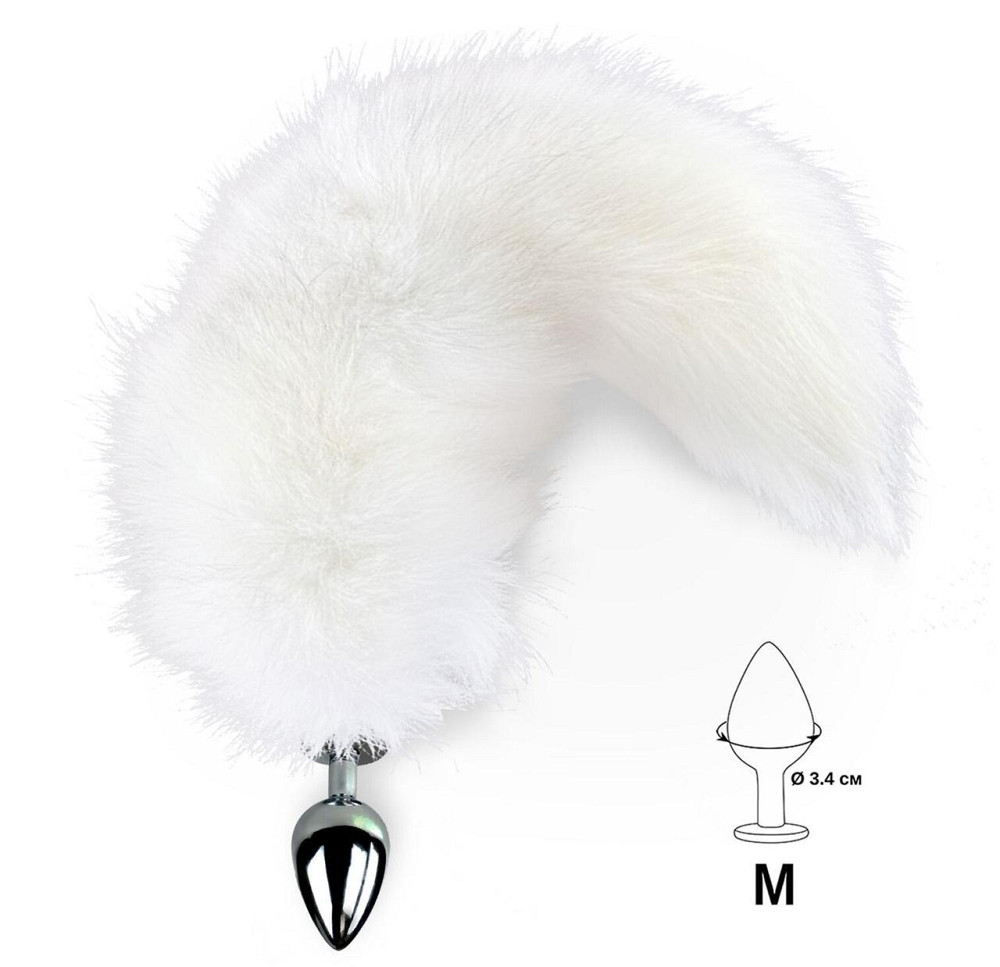 Металева анальна пробка з хвостом із натурального хутра Art of Sex size M White fox Sex Aura Київ - фото 2