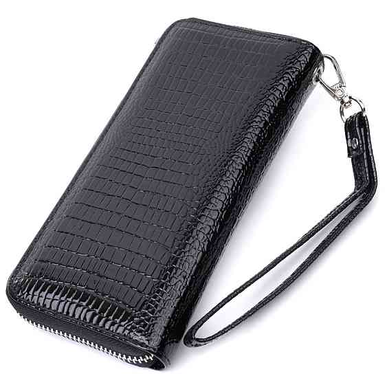 Лакований жіночий гаманець на блискавці із натуральної шкіри ST Leather 22678 Чорний Київ