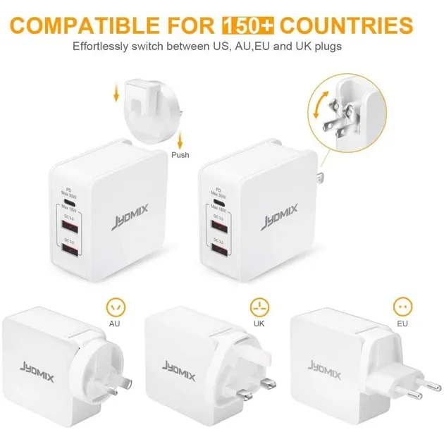 Універсальний мережевий зарядний пристрій JYDMIX (30W, PD3.0, QC3.0) — USB-C + 2xUSB-A, набір перехідників для подорожей Київ - фото 5