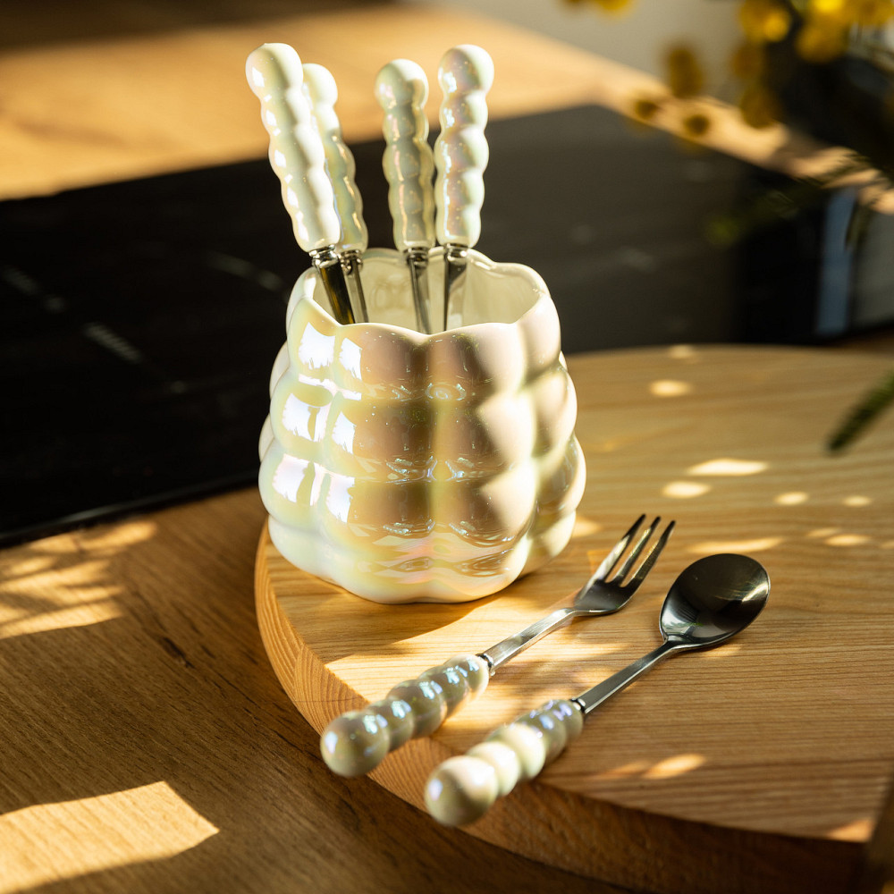 Набір десертних виделок і ложок на 3 персони з підставкою з порцелянау 7 предметів Перламутровий HP-20-62 Коломия - фото 7