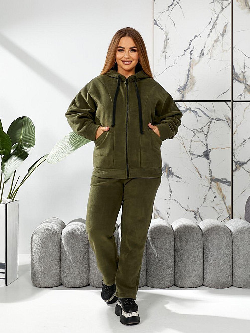 Жіночий теплий костюм-двійка: кофта та штани батал двосторонній фліс Полар Хакі, 54/56 Одеса - фото 4