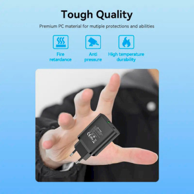 Зарядний пристрій 2xUSB 38W PD,QC3.0 (USB-C+USB-A) чорний Vention Винница - изображение 10