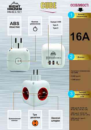 Подовжувач 1.5м Right Hausen Cube із заземленням вимикач 2 USB type-A USB type-C Харків